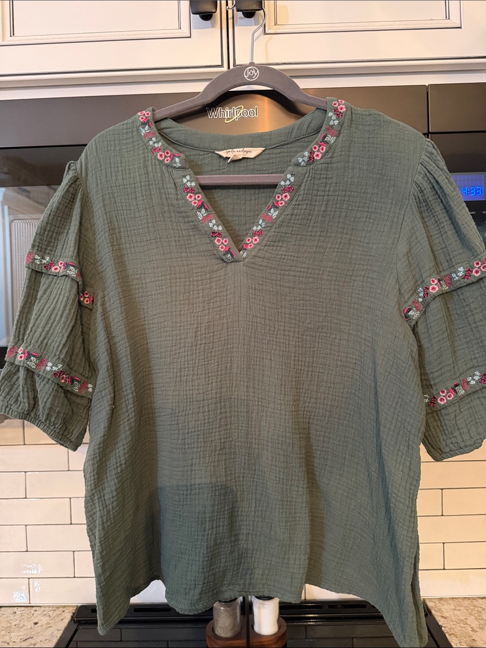 Embroidered V-Neck Olive Green Tunic Top
